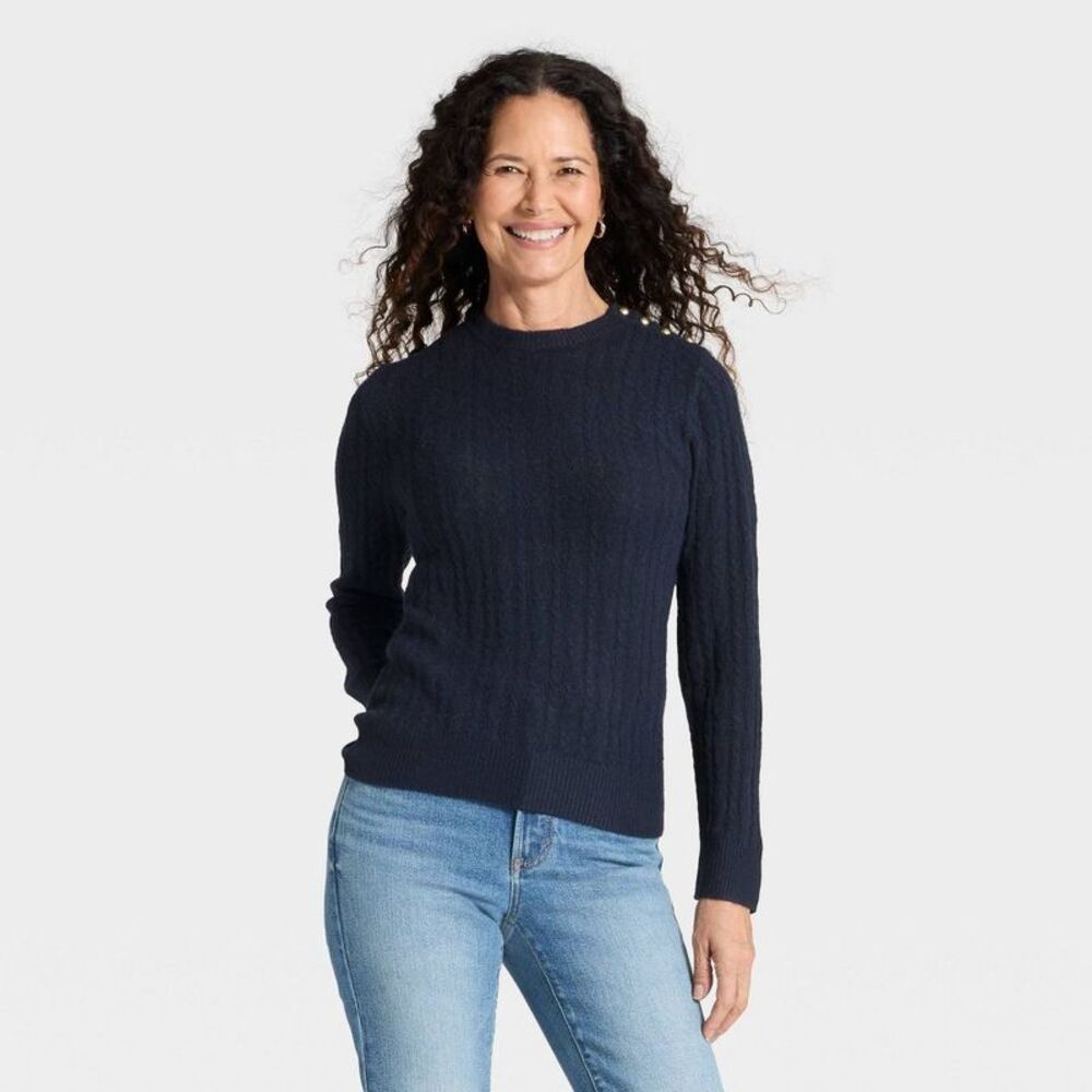 Women's Lace Stitch Crewneck Pullover Sweater - Universal Thread Navy Blue XS